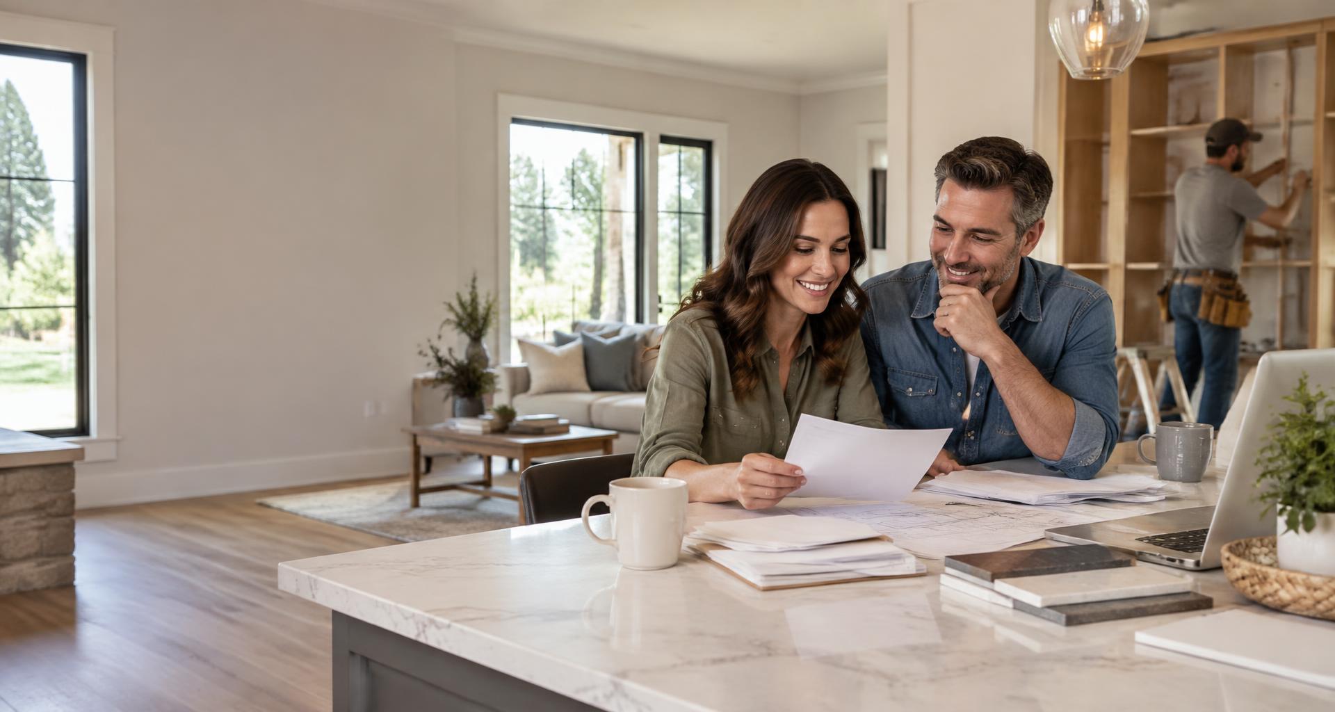Family reviewing household bills and home improvement plans during a renovation