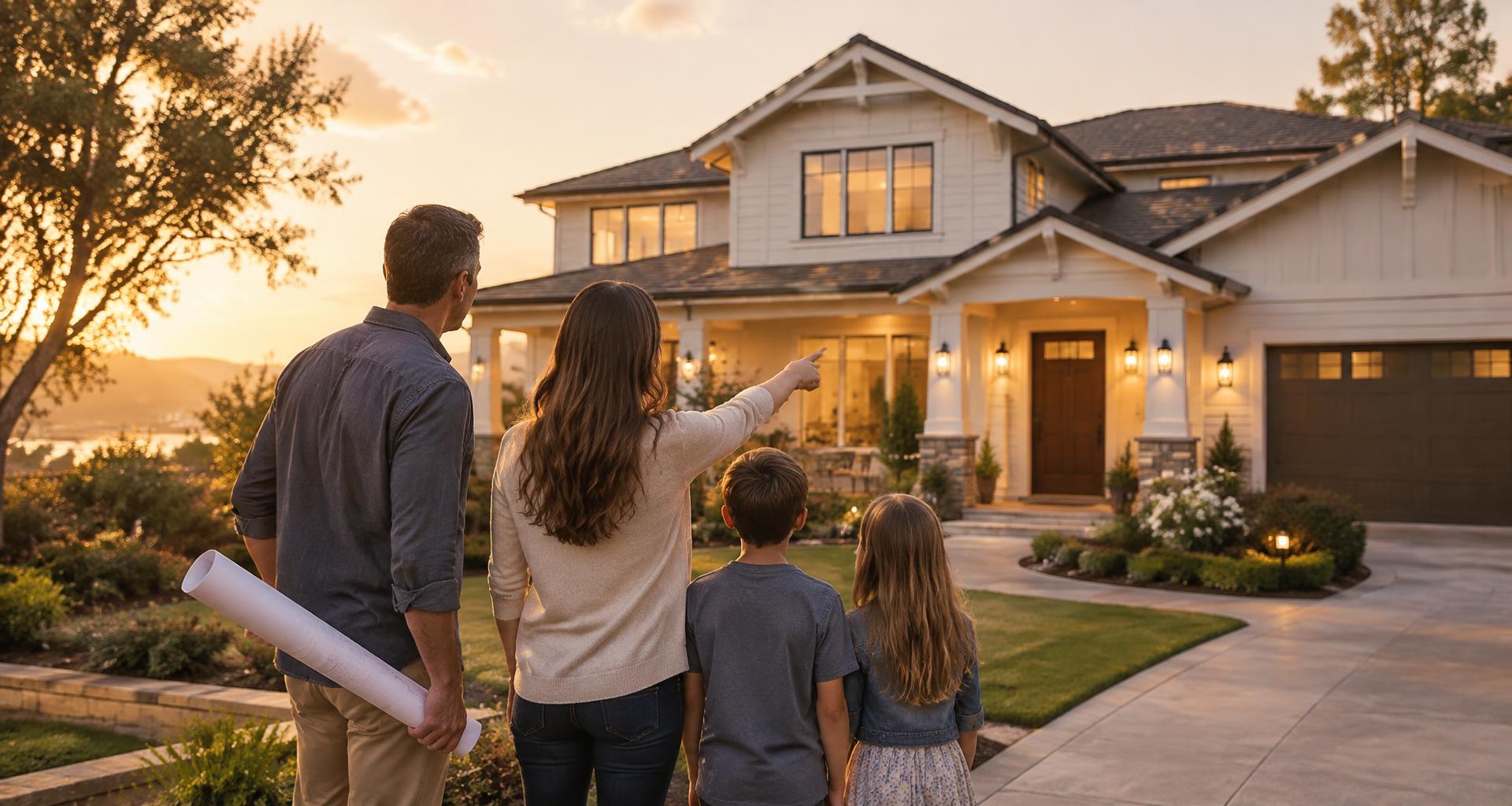 Family standing in front of a beautiful home at sunset, planning a renovation