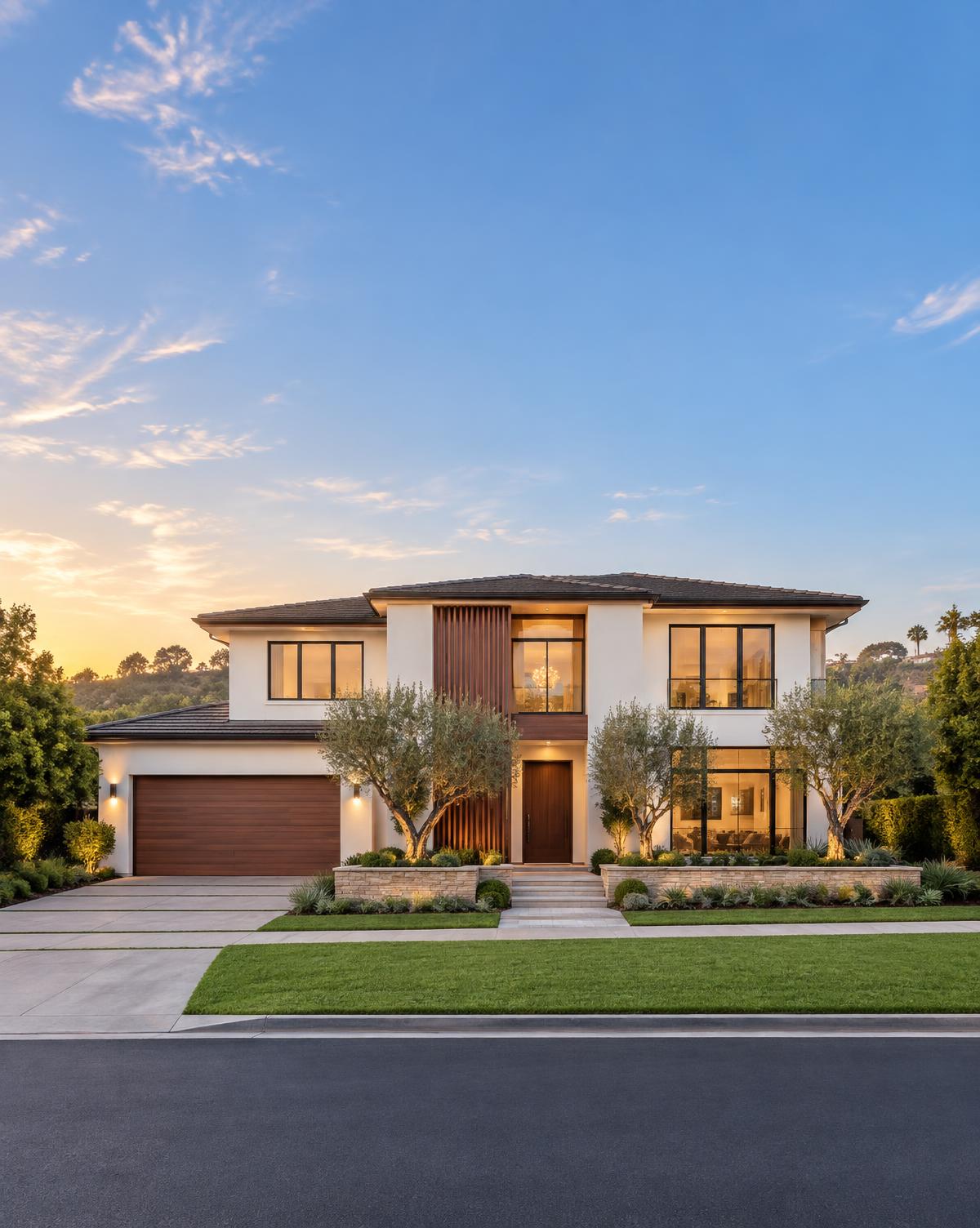 Modern family home with cedar and stucco facade in an Orange County neighborhood at golden hour